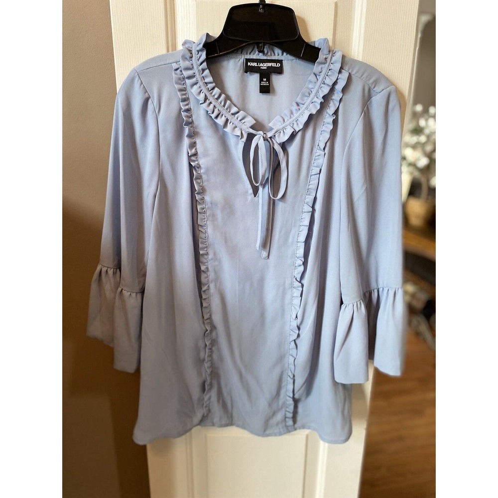 Karl Lagerfeld Vintage Top Ruffle Edge Baby Blue‎ Blouse Size Medium